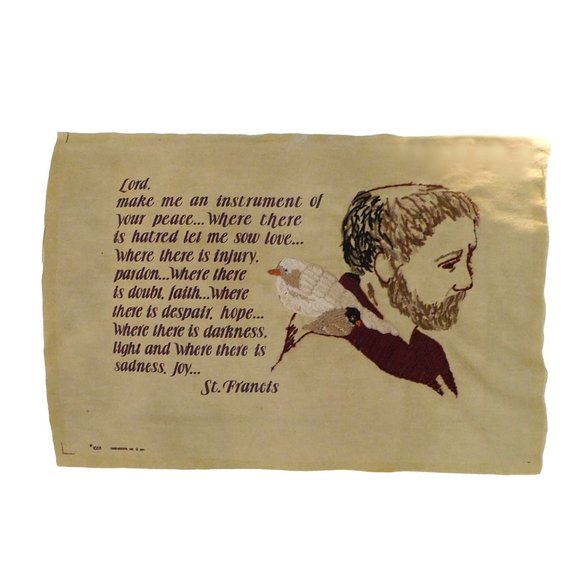 Vintage Finished St. Francis Inspiration Prayer Crewel Needlework - Picture 1 of 8